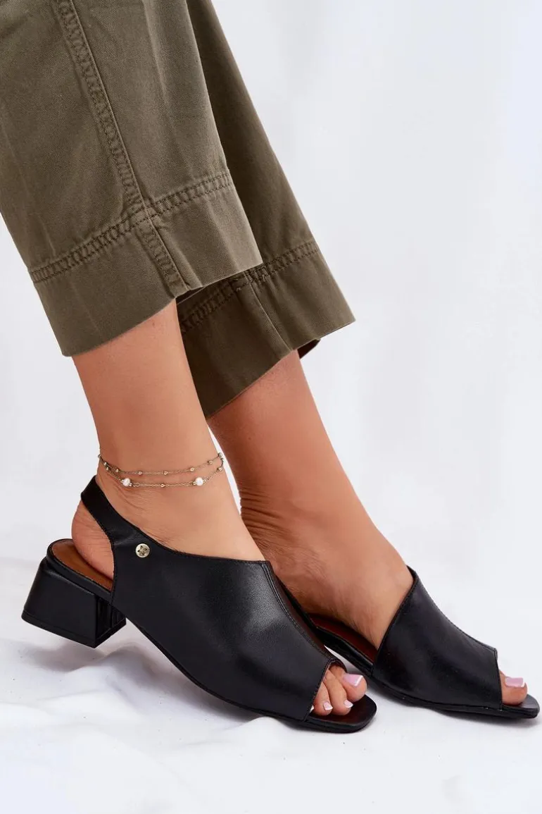 Skórzane Sandały Damskie Na Klocku Maciejka 06975-01 Czarne