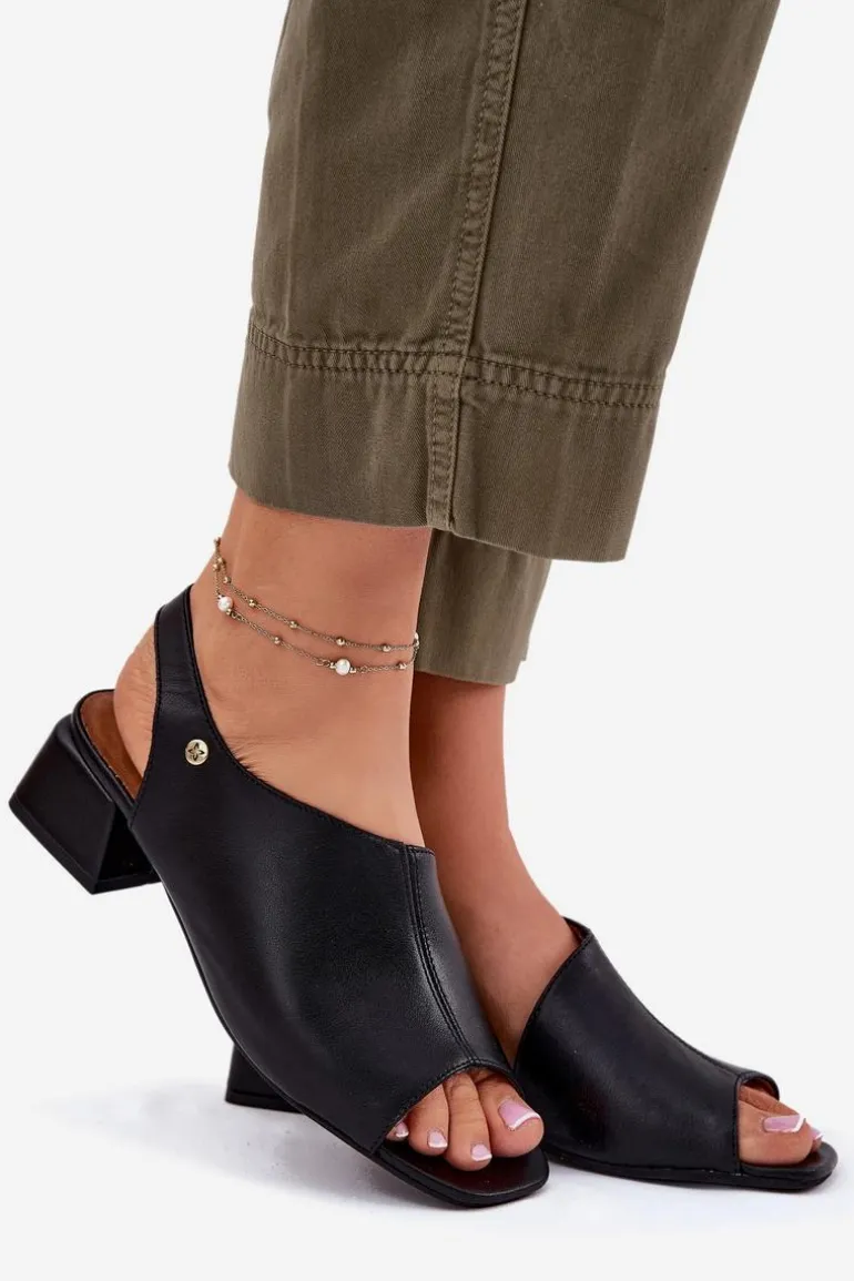 Skórzane Sandały Damskie Na Klocku Maciejka 06975-01 Czarne