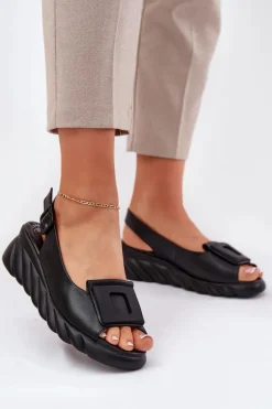 Skórzane Sandały Damskie Na Koturnie z Ozdobą Artiker 56C2156 Czarne