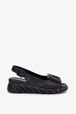 Skórzane Sandały Damskie Na Koturnie z Ozdobą Artiker 56C2156 Czarne