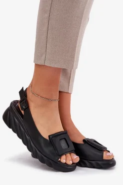 Skórzane Sandały Damskie Na Koturnie z Ozdobą Artiker 56C2156 Czarne