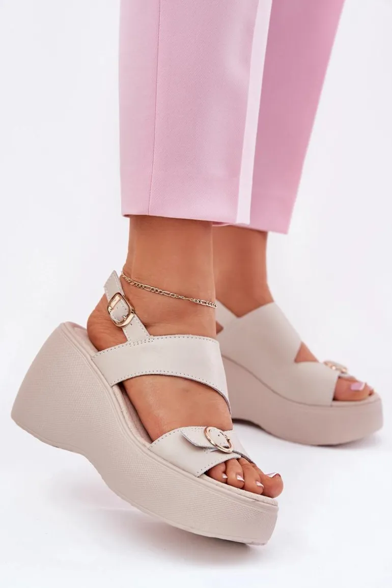 Skórzane Sandały Damskie Na Koturnie I Platformie S.Barski LR51-540 Beżowe