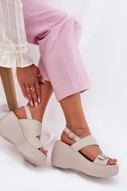 Skórzane Sandały Damskie Na Koturnie I Platformie S.Barski LR51-540 Beżowe