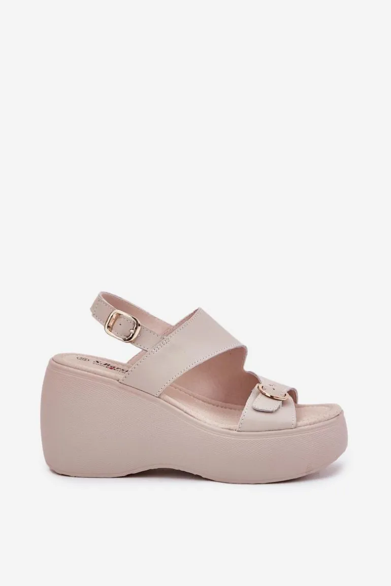 Skórzane Sandały Damskie Na Koturnie I Platformie S.Barski LR51-540 Beżowe