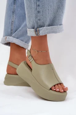 Skórzane Sandały Damskie Na Platformie D&A SJ2301-2 Zielone
