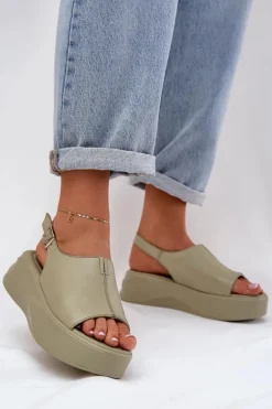 Skórzane Sandały Damskie Na Platformie D&A SJ2301-2 Zielone