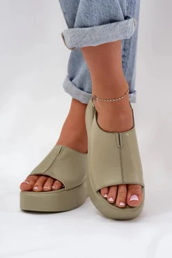 Skórzane Sandały Damskie Na Platformie D&A SJ2301-2 Zielone