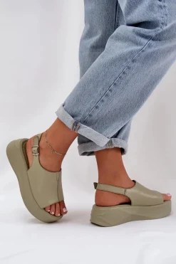 Skórzane Sandały Damskie Na Platformie D&A SJ2301-2 Zielone