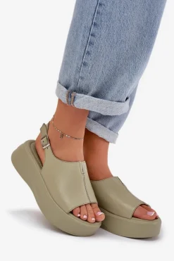 Skórzane Sandały Damskie Na Platformie D&A SJ2301-2 Zielone