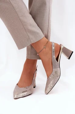 Skórzane Sandały Damskie Na Słupku Ze Szpiczastymi Noskami Vinceza 66733 Złoto-Srebrne