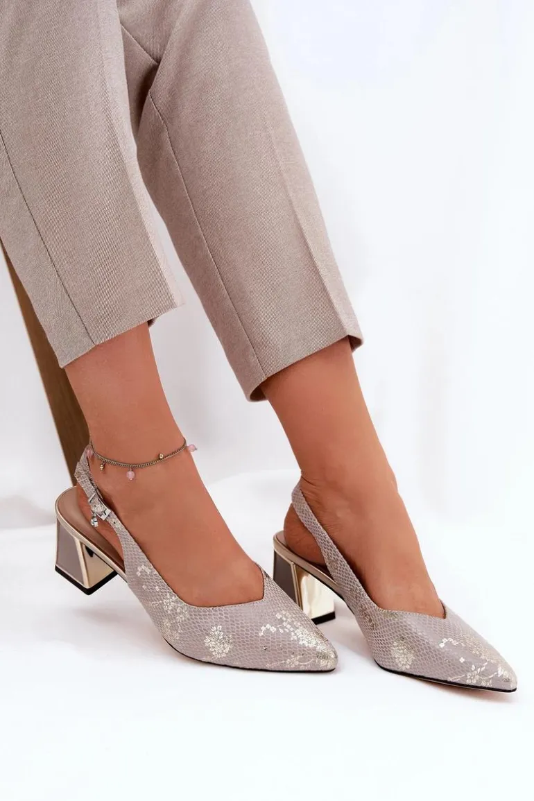 Skórzane Sandały Damskie Na Słupku Ze Szpiczastymi Noskami Vinceza 66733 Złoto-Srebrne