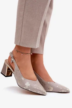 Skórzane Sandały Damskie Na Słupku Ze Szpiczastymi Noskami Vinceza 66733 Złoto-Srebrne