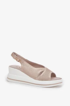 Skórzane Sandały Damskie Na Koturnie S.Barski LR51-660 Złote