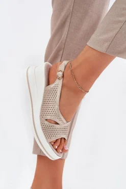 Skórzane Sandały Damskie Na Koturnie S.Barski LR51-660 Złote