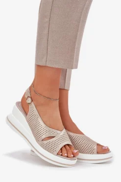 Skórzane Sandały Damskie Na Koturnie S.Barski LR51-660 Złote