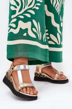 Skórzane Sandały Damskie Na Koturnie D&A CR51-135 Złoto-Srebrne