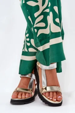 Skórzane Sandały Damskie Na Koturnie D&A CR51-135 Złoto-Srebrne