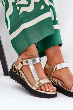 Skórzane Sandały Damskie Na Koturnie D&A CR51-135 Złoto-Srebrne