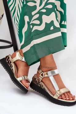 Skórzane Sandały Damskie Na Koturnie D&A CR51-135 Złoto-Srebrne