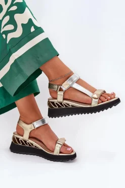 Skórzane Sandały Damskie Na Koturnie D&A CR51-135 Złoto-Srebrne