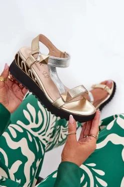 Skórzane Sandały Damskie Na Koturnie D&A CR51-135 Złoto-Srebrne