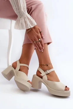 Skórzane Sandały Damskie Na Obcasie Vinceza 66627 Beżowe