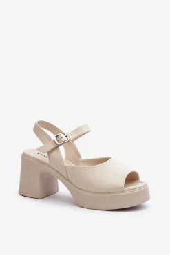 Skórzane Sandały Damskie Na Obcasie Vinceza 66627 Beżowe