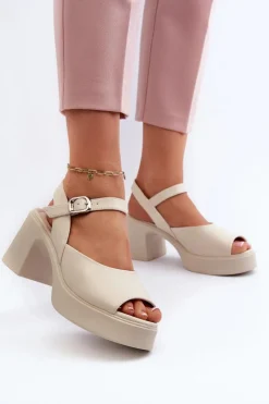 Skórzane Sandały Damskie Na Obcasie Vinceza 66627 Beżowe