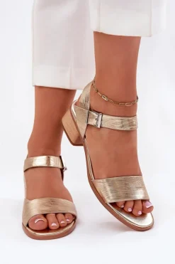 Skórzane Sandały Damskie Na Obcasie Maciejka N6802-25 Złote