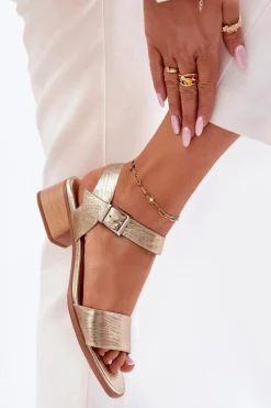 Skórzane Sandały Damskie Na Obcasie Maciejka N6802-25 Złote