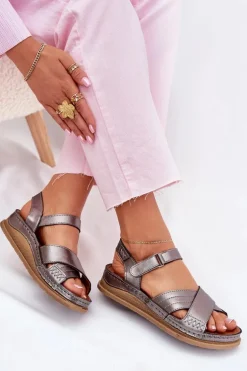 Skórzane Sandały Damskie Na Platformie Maciejka L7064-35 Grafitowe