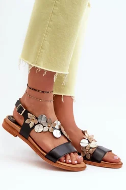 Skórzane Sandały Damskie Ozdobione Kwiatkami Laura Messi 2762 Czarne