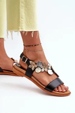 Skórzane Sandały Damskie Ozdobione Kwiatkami Laura Messi 2762 Czarne