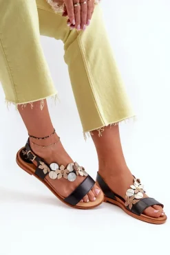 Skórzane Sandały Damskie Ozdobione Kwiatkami Laura Messi 2762 Czarne