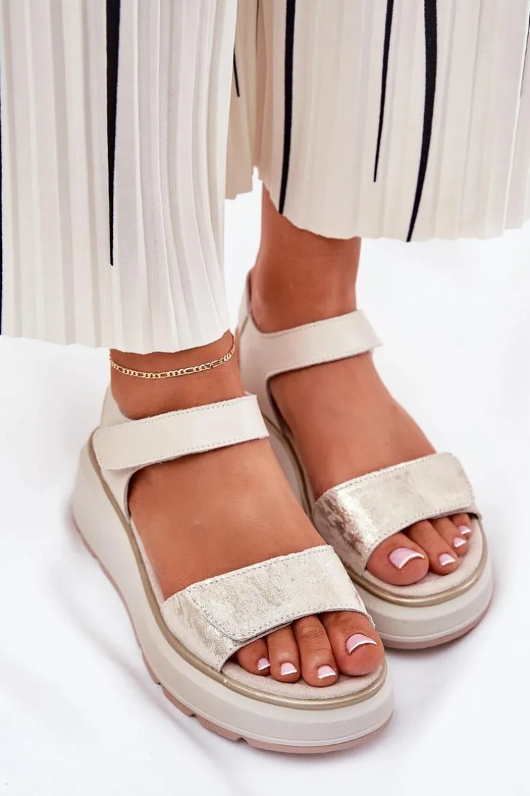 Skórzane Sandały Damskie Platformie I Koturnie Na Rzep S.Barski LR51-543 Złote