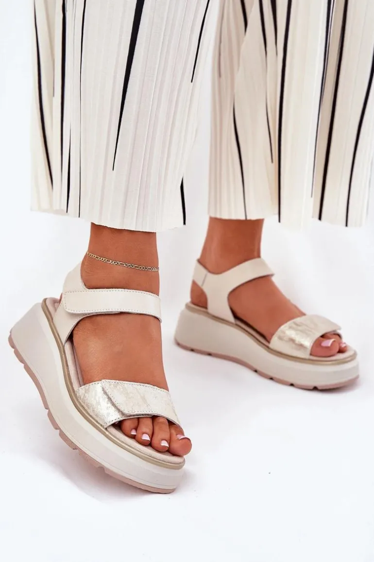 Skórzane Sandały Damskie Platformie I Koturnie Na Rzep S.Barski LR51-543 Złote