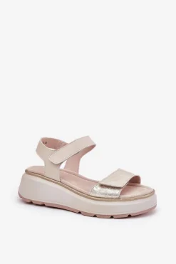 Skórzane Sandały Damskie Platformie I Koturnie Na Rzep S.Barski LR51-543 Złote