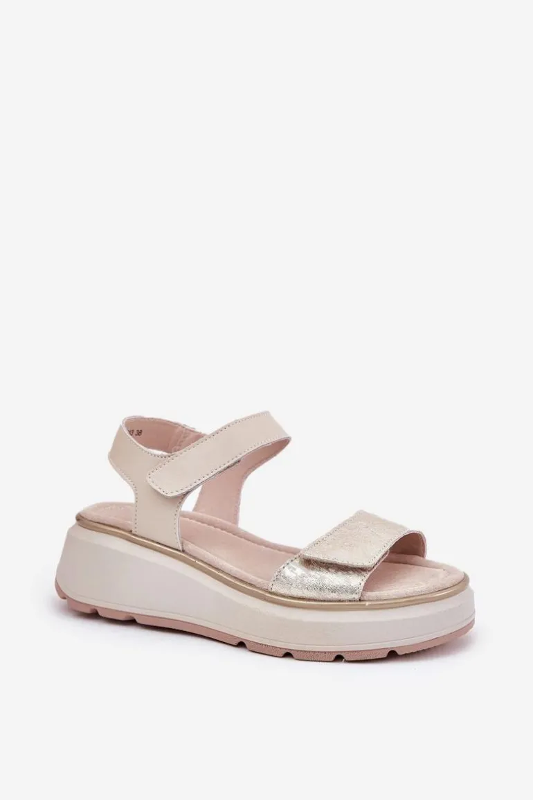 Skórzane Sandały Damskie Platformie I Koturnie Na Rzep S.Barski LR51-543 Złote