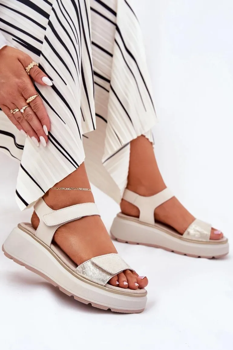 Skórzane Sandały Damskie Platformie I Koturnie Na Rzep S.Barski LR51-543 Złote