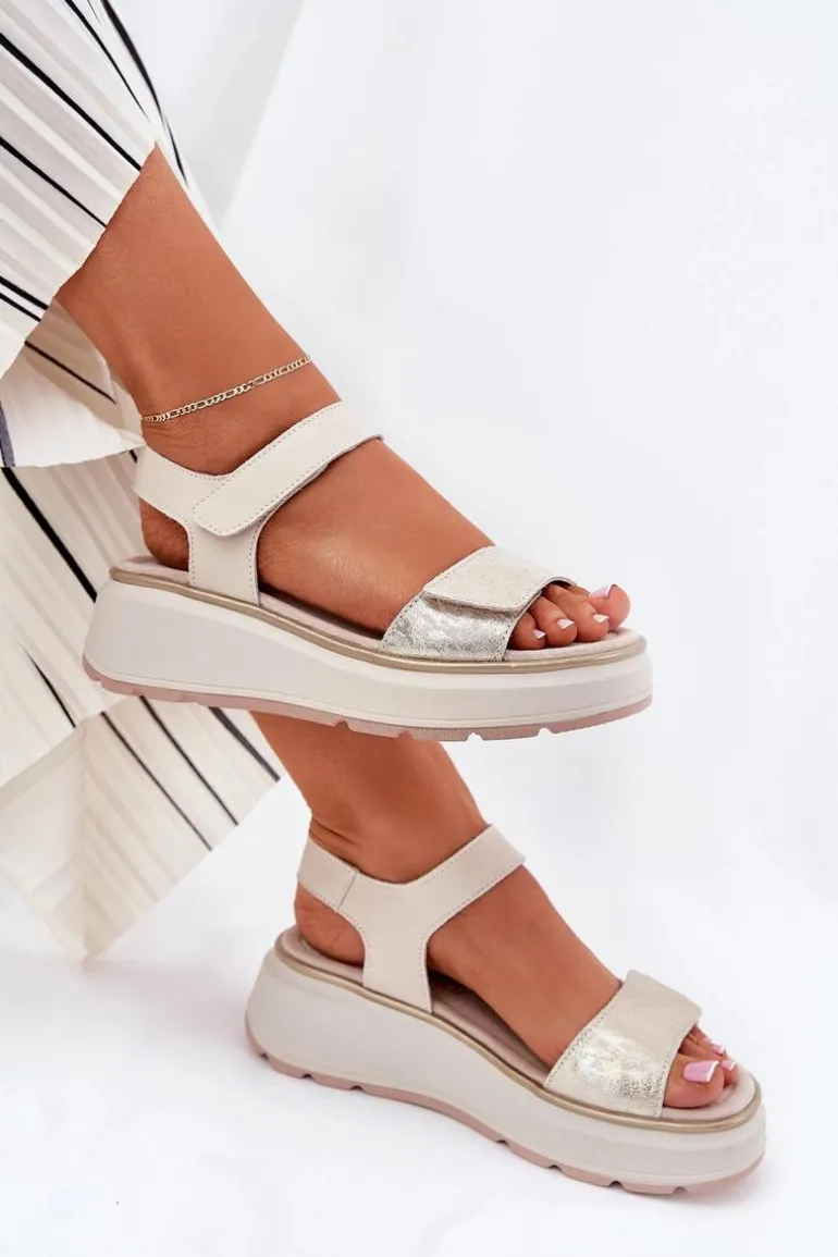 Skórzane Sandały Damskie Platformie I Koturnie Na Rzep S.Barski LR51-543 Złote