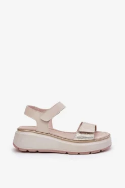 Skórzane Sandały Damskie Platformie I Koturnie Na Rzep S.Barski LR51-543 Złote