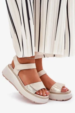 Skórzane Sandały Damskie Platformie I Koturnie Na Rzep S.Barski LR51-543 Złote