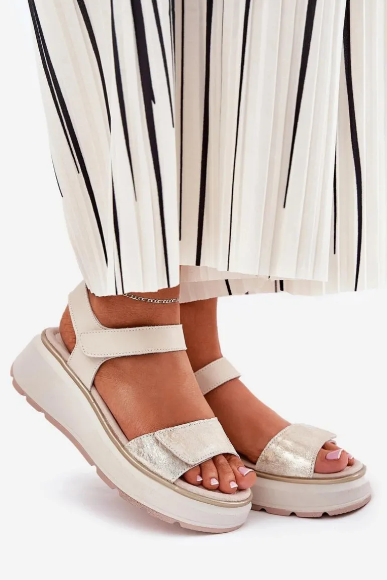 Skórzane Sandały Damskie Platformie I Koturnie Na Rzep S.Barski LR51-543 Złote