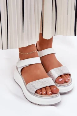 Skórzane Sandały Damskie Platformie I Koturnie Na Rzep S.Barski LR51-543 Srebrne