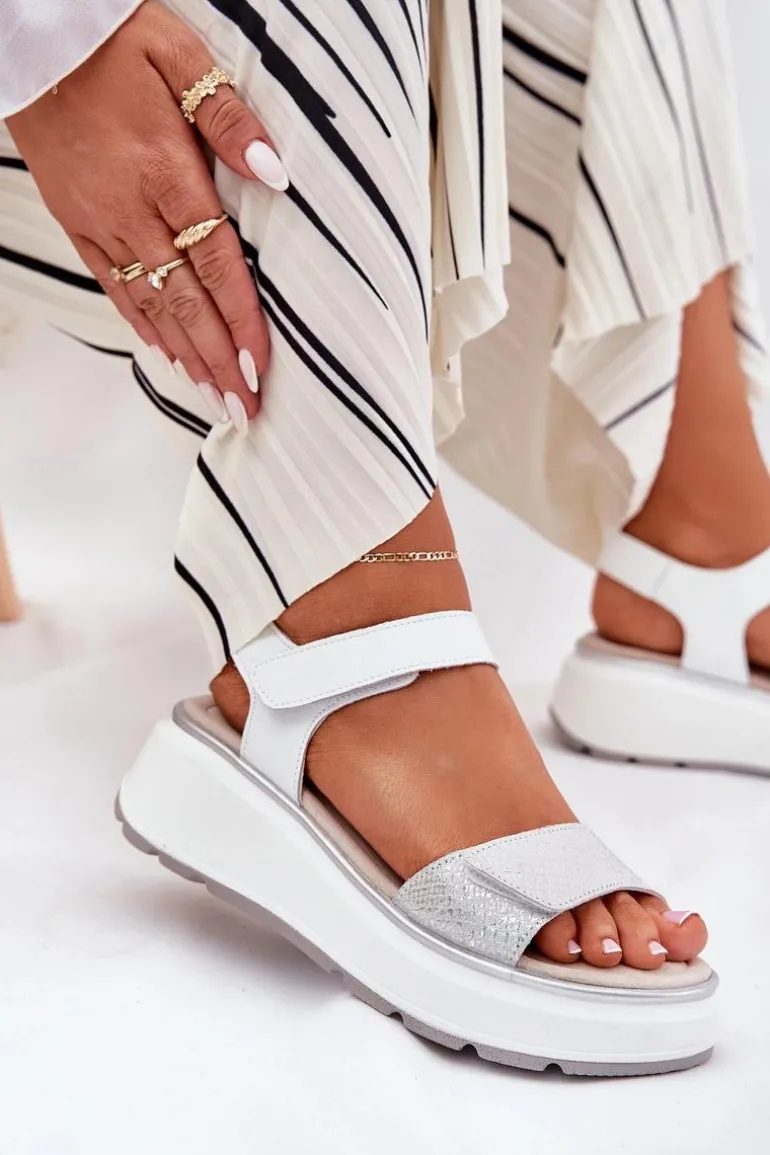 Skórzane Sandały Damskie Platformie I Koturnie Na Rzep S.Barski LR51-543 Srebrne