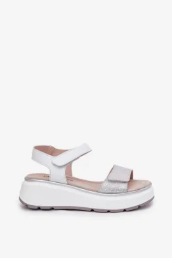 Skórzane Sandały Damskie Platformie I Koturnie Na Rzep S.Barski LR51-543 Srebrne