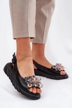 Skórzane Sandały Damskie Z Kryształkami Artiker 54C1628 Czarne