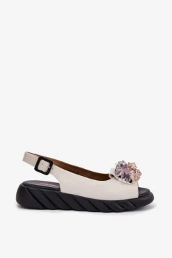 Skórzane Sandały Damskie Z Kryształkami Artiker 54C1627 Beżowe