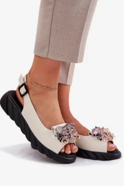 Skórzane Sandały Damskie Z Kryształkami Artiker 54C1627 Beżowe