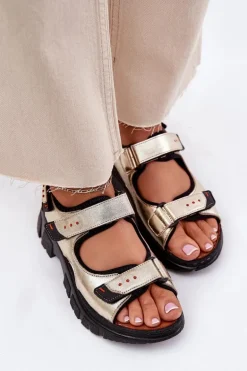 Skórzane Sandały Damskie Z Rzepami Artiker 56C0469 Złote